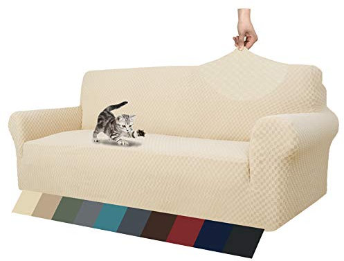 MAXIJIN Jacquard Sofabezug 4 Sitzer Couch bezug rutschfest Schonbezug Sofa für Wohnzimmer Stretch-bezüge für Hunde Haustiere mit Anti-Rutsch-Schäume (4 Sitzer, Hell Beige)