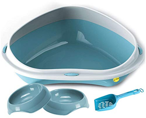 CAT CENTRE Jumbo Large Corner Open Litter Tray Box Bundle Bowls Scoop Cat Kitten Starter Kit Blue