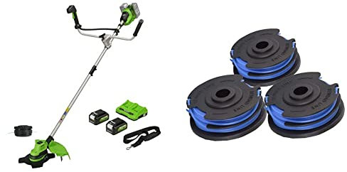 Greenworks Akku-Rasentrimmer und Freischneider 48V(2×24V) 38cm/25cm mit 2 Akku 4Ahund Ladegerät, Verstellbarer Fahrradgriff Hi/Low-Modus GD24X2BCB & 3 Stück Doppel-Fadenspule 29187