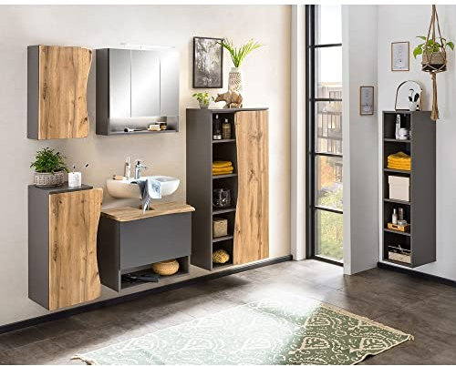 Lomadox Badmöbel Komplett Set mit 60 cm Waschbeckenunterschrank in anthrazit mit Wotan Eiche Nb. in Baumkantenoptik, B/H/T: ca 198,5/200/40 cm