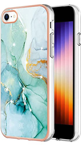 Knoowcase for iPhone SE 2020 Case iPhone 8 Phone Case iPhone SE 2022 Case iPhone 7 Marble Silicone Shockproof Glitter Plated Gold Edges Protective Flexible TPU Skin Bumper Cover Girls Women, Green