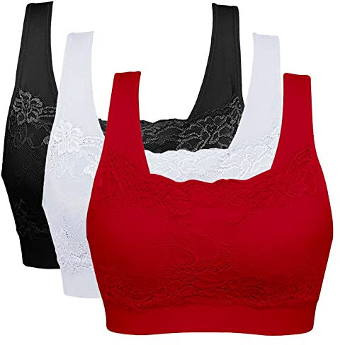 Vertvie Womens Strech Ohne Buegel Push up Yoga Sports BH Bra Top Set Fuer Fitnesstraining Polsterung 3er Pack (EU M/Tag L, Schwarz+Weiß+Rot)