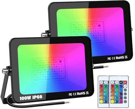 SKYWORLD 2 Pieza Foco LED RGB Exterior, 100W 10000LM con Control Remoto Proyector Led, Multicolor Estroboscópico RGB Regulable Luz de pared, Impermeable Foco de Colores para Jardín Fiestas Terraza