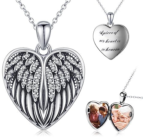 CHENGHONG Medaillon zum öffnen für Bilder Kette mit Bild 925 Silber Personalisierte Geschenke Foto Amulett Kette für Damen Herz Engel Anhänger Mädchen Kinder…