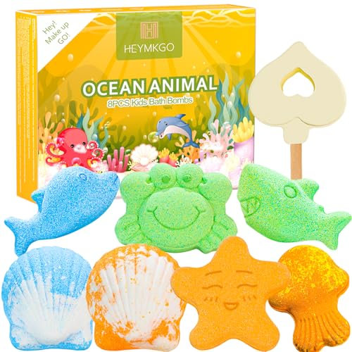 HEYMKGO Bombe da Bagno Bambini 8 Pezzi Bombe da Doccia Animale Dell'oceano Bombe da Bagno Profumate Ricche Di Oli Essenziali Friendly & Cruelty Free Regalo per Donna Bambini Compleanno