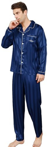 RuanMM Set pigiama da uomo in raso setoso, top a maniche lunghe e pantaloni lunghi, biancheria da notte seta da uomo, Striscia blu, L