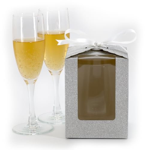 Sparkling Silver Wedding Favor Boxes (40 Count) with Window - Elegant Stemless Wine Glass Gift Boxes for Guests - Clear Display Packaging for Bridal Shower, Parties, and Events - Sparkly Silver