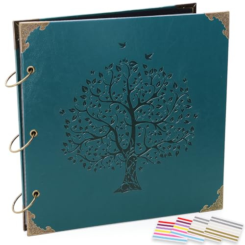 ADVcer Photo Album DIY Scrapbook, 10x10 inch 50 Pages Vintage Leather Cover Three-Ring Binder Family Picture Booth Albums with 408pcs Self Adhesive Photos Corners for Memory Keep, Tree (Jasper Green)