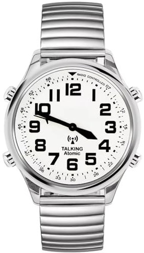 MAUJOY Men's Atomic Talking Watch, Clear and Loud American Accent Voice, English Talking Watch with Golden Stainless Expand Strap,for Senior Visually impaired Blind People (Silver)