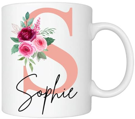 Excudo Trade LTD Personalised Floral Mug Stylish Initial Name Customised Gift Valentines Day Birthday Christmas for Mom Dad Friends Girlfriend Boyfriend, 11oz Ceramic Coffee Tea Cup Rose Gold