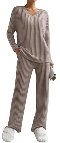 TERAZUNO Strickset Damen Zweiteiler Strickanzug Y2k Herbst Winter Hohe Taille Gerade Hose Retro Klassisch Weich Komfortabel 2 Teiler Set Langarm V-Ausschnitt Oberteile Freizeit