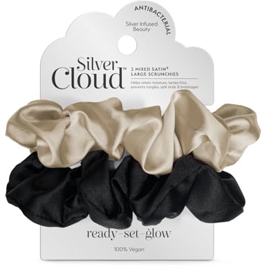 Silver Cloud Satin Large Scrunchies 2 pack for all hair types | Stylish Hair Ties & Hair Scrunchies | luxurious Hair accessory that promotes healthier hair | Black & Caramel
