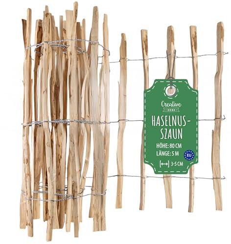 Creative Home Clôture en Bois de Noisetier de 80 cm de haut et 5 m de long | Cloture en Rouleau | Espacement des Lattes 3-5 cm | Clôture de Jardin | Bordure de Pelouse, Bordure de Parterre de Fleurs