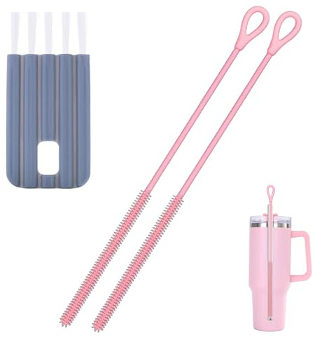 3 Pcs Silicone Straw Cleaner, Bottle Brush, Gap Cleaning Tool for Bottles | Soft silicone, narrow cleaning, 2 rose pink 25cm brushes and 1 grey 10cm gap tool for baby bottles, straws, cups and lids