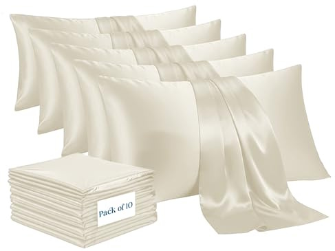 Moonlight Bedding Ivory Satin Pillow Cases 10 Pack – Soft & Smooth Feels Like Silk Pillowcases for Hair and Skin Care