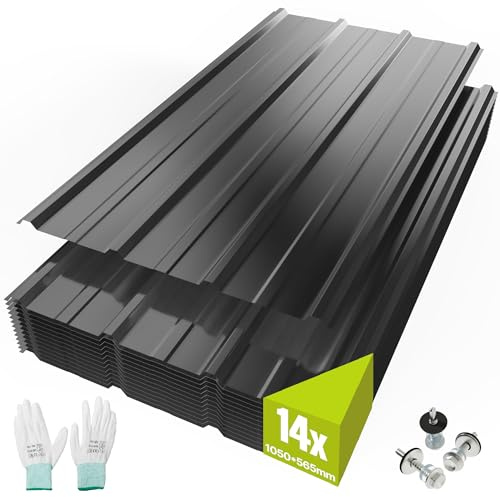 Mondeer 14x Trapezbleche, 8 m² Dachblech aus verzinktem Stahl | 105cm x 56cm verzinkter Stahl, 0,25 mm stark, inkl. 100 Schrauben und Montagehandschuhe für Carports