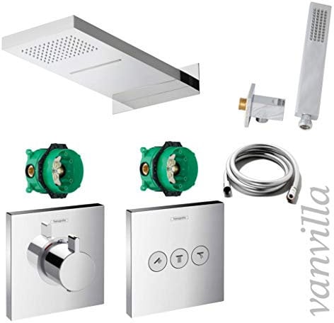 vanvilla Duschsystem mit Unterputz Duscharmatur von Hansgrohe ShowerSelect Thermostat und vanvilla Regendusche mit Armatur mit Thermostat, Duschkopf 50x23 cm mit Schwall, Dusch-SET HG04 poliert