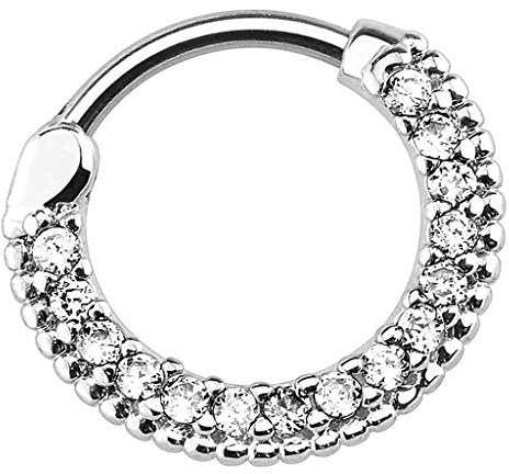 Piersando Piercing Scharnier Clicker Ring Schild Tribal mit Kristall Strass Steinen Vintage Septum für Tragus Helix Ohr Nase Lippe Brust Intim Silber Clear 1,6mm