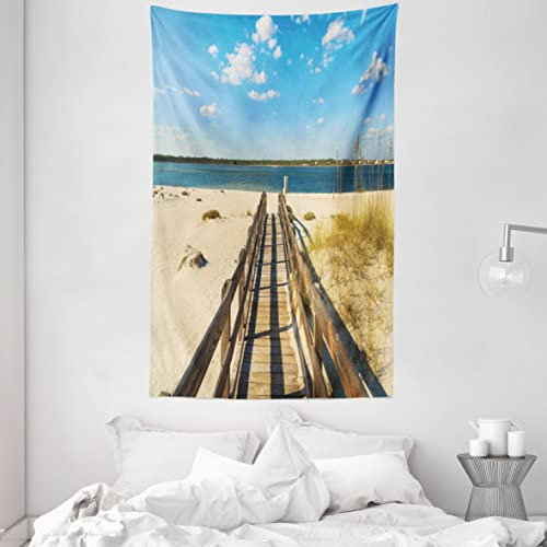 ABAKUHAUS Strand Wandteppich und Tagesdecke, Perdido Beach Long Pier aus Weiches Mikrofaser Stoff Waschbar ohne Verblassen Digitaldruck, 140 x 230 cm, Creme Blau