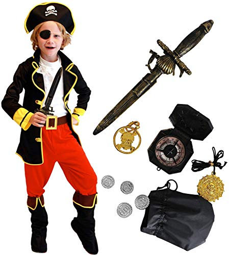 Tacobear Pirate Costume Enfant Déguisement Pirate Accessoires Pirate Cache-Oeil Compass Bourse Boucle d'oreille Or Medasie Enfant Pirate Halloween Costume (XL 10-12 ans)