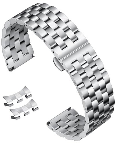 BINLUN Metall Uhrenarmbänder Edelstahl Uhrenarmband für Herren Damen Metallarmband mit Geraden und Gebogenen Ende 18mm 19mm 20mm 21mm 22mm 24mm Armband (Silber)