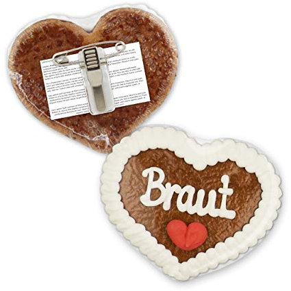 Lebkuchenherz mit Anstecker - Braut - 8x8cm | Herz Anstecker für Hochzeit | JGA Buttons & Anstecker | Jungesellinnenabschied Ideen für Frauen | Ideen für Hochzeit & JGA von LEBKUCHEN WELT
