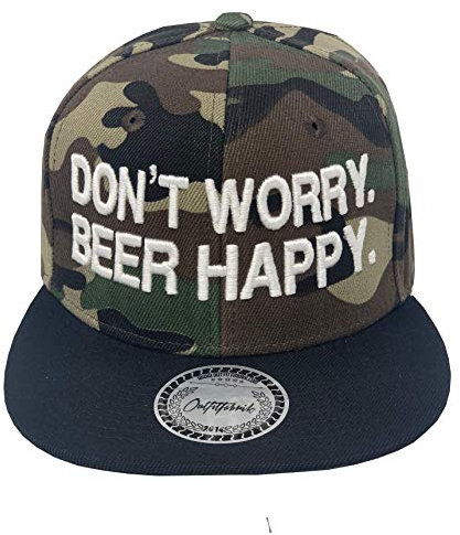 Outfitfabrik Snapback Cap Don´t Worry, Beer Happy! in schwarz und Camouflage mit 3D-Stick (Sprueche, Geschenk, Statement, Saufen fetzt), für Männer und Frauen, verstellbar
