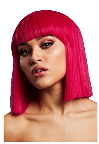Smiffys Fever Lola Perücke, Magenta-Pink, Stumpf geschnittener Bob mit Pony, 30 cm