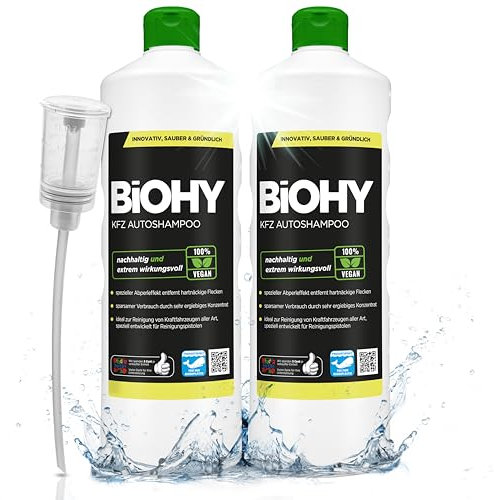 BiOHY KFZ Autoshampoo (2 x 1 liter) + Dosierer | Bio Autoreiniger schützt Lack vor Schmutz von Außen | biologisch abbaubares Reinigungsmittel | für Hochdruckreiniger geeignet | kraftvolles Konzentrat
