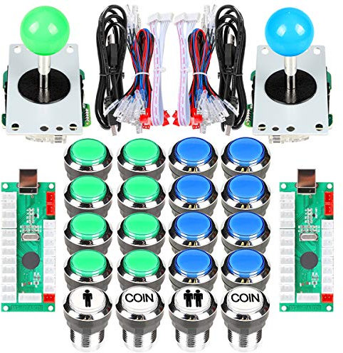 Fosiya 2 Giocatori Arcade Joystick LED Chrome Pulsanti per PC MAME Raspberry Pi Videogiochi Arcade Cabinet Parts (Blu Verde)