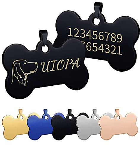 Uiopa Chapa Perro Grabada, Hueso para Mascotas Placa Perro Grabada, Placa Chapa Medalla de Identificación Personalizada Placas para Perros Grabadas Para Collar Perro Gato Mascota (Negro, Pequeña)