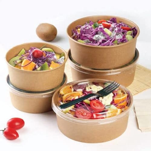 HOT BARGAINS 150 Pack 26oz Kraft Paper Salad Bowls with lids, Disposable Takeaway Food containers, Freezer and Microwave Safe