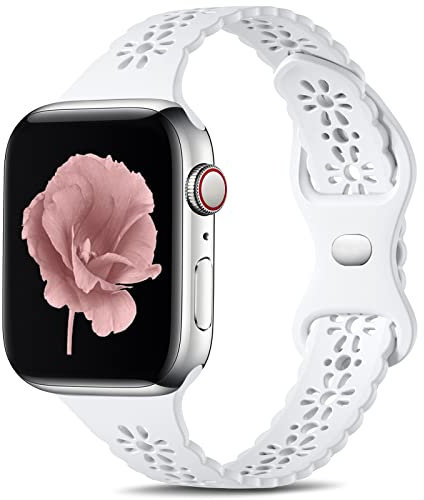 Dirrelo Silm Lace Straps Compatible with Apple Watch Strap 38mm 40mm 41mm, Soft Silicone Hollow-Out Elegant Breathable Strap for iWatch Series SE 8 7 6 5 4 3 2 1 for Women Girls, White