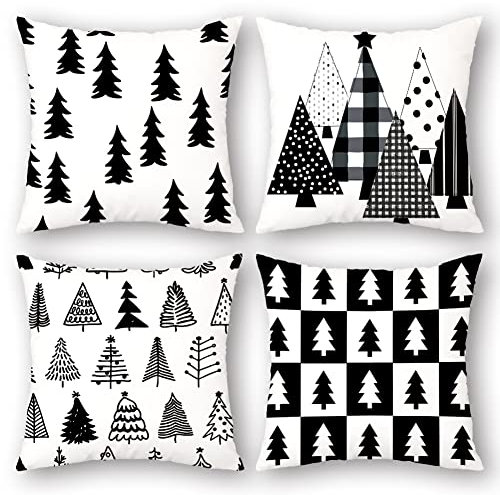 JOJOGOGO Schwarz und Weiß Weihnachtsdekorationen Weihnachtsbaum Kissenbezüge 45,7 x 45,7 cm, 4 Stück, neutrale Weihnachtsdekoration Überwurf Kissenbezüge für Zuhause Bettwäsche Couch und Sofa
