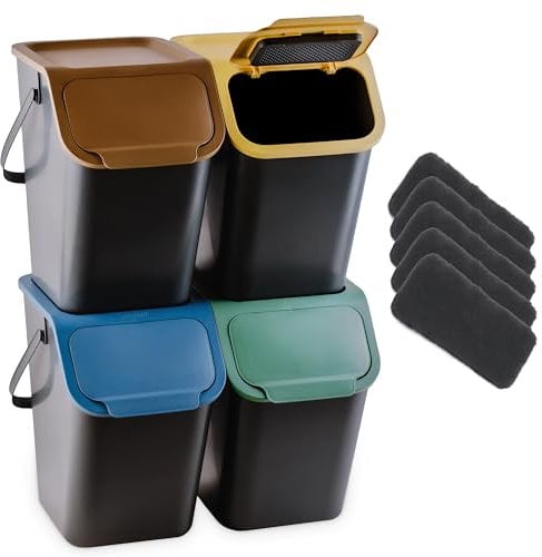 Go Practic Cubo de basura de cocina con filtro de carbón, juego de 4 unidades de 25 l con tapa, sistema de separación de residuos con filtro de carbón, cubo de basura para separación, función de clic,