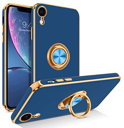BENTOBEN iPhone XR Case 6.1 With Ring Holder, Edge Plating Rotation Kickstand, Soft Silicone TPU Bumper, Slim Flexible Shockproof Protective Cover - Blue