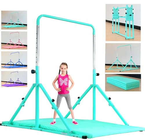 MARFULA Klappbare Gymnastikstange Kinder von 3 bis 12 Jahren, 9 stufenig höhenverstallbar, Tragkraft bis zu 90 kg, Länge ca. 152 cm, Gymnastikstange mit Matte, Gymnastikgerät für zu Hause und