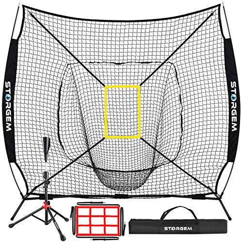 Storgem Baseball- und Softball-Übungsnetz, 2,8 x 2,1 m, tragbares Schlagtraining, Baseball-Rücklaufnetz mit Schlag-Tee und Schlagzone und Bogenrahmen (schwarzes Netz und Tee Pro)