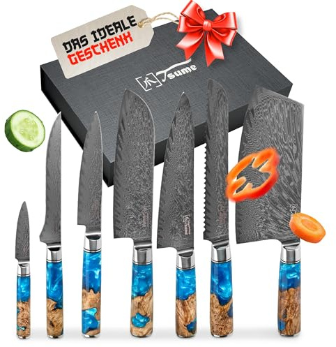 Tsume Profi Set Saphir, Messerset mit 7 Premium Küchenmessern, Echte Damast Küchenmesser, 67 Schichten VG10 Edelstahlkern mit blau-weißem Kunstharz und Holz Handgriffen, Rasiermesserscharfe Premium
