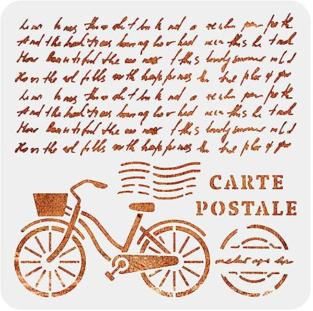 MAYJOYDIY Fahrrad Schablone Fahrradvorlage Vintage CARTE POSTALE Wortstempel Kombinationsmuster 30 x 30cm Zum Malen Auf Holz Segeltuch Papier Stoff Fußboden Wand Und Fliese