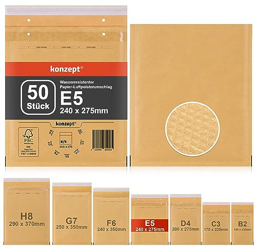 KONZEPT Luftpolsterumschläge, Set 50 Stück, Luftpolstertaschen für Brief, Unterlagen, CD, Fotos, Bücher, Kleidung, Elektronik, Schmuck, Kosmetik, selbstklebend, DIN E5, 240 x 275 mm