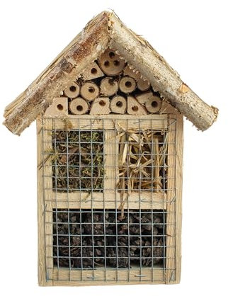 BOGATECO Bienenhotel Insektenhotel - unbehandelt, Bienenhaus aus Massiv-Holz für Bienen, Marienkäfer & Florfliegen, Insektenhaus & Nisthilfe zum Aufhängen (Stroh-Dach)