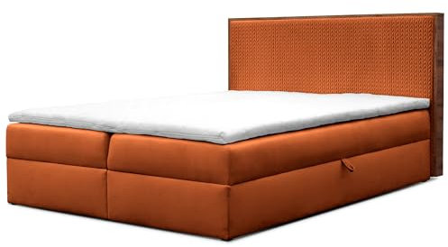 FURNISTAR Boxspringbett Forest mit Bettkästen und Topper Polsterbett Elegante Kopfstütze Bett mit Karomusterprägung Doppelbett mit Matratze Stauraum Schlafzimmer Schlafzimmermöbel (140x200 Rot)