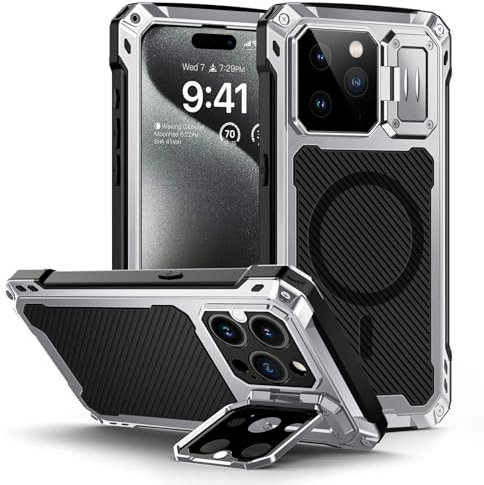 Lanhiem Magnetic Case for iPhone 15 Pro Max, Tempered Glass Screen Protector, Heavy Duty Shockproof Cover, Metal Tough Case (Silver)