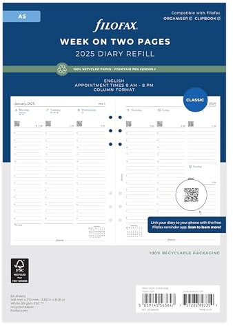 A5 Woche auf zwei Seiten, englisches Spaltenformat, Recyclingpapier 2025