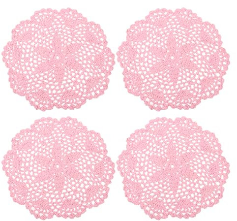 sourcing map Häkeldeckchen, 4 Stück, 20,3 cm – handgefertigter gehäkelter Baumwoll-Untersetzer, runde Spitzen-Tischsets mit Blumenmuster für Hochzeit, Party, Dekoration (Rosa)