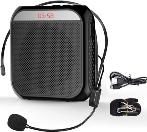 Amplificador de Voz, Sistema de PA Recargable,2200mAh,micrófono Recargable para Profesores,Guías Turísticos, Altavoz Portatil con Microfono, Auriculares y Cintura-Negro