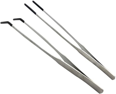 Pinzette in acciaio inox per acquario, con punte in gomma, manico lungo, pinze per alimentazione rettili, per serbatoio di pesce, piante acquatiche, 2 pezzi, 10,6 pollici, argento