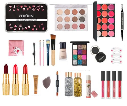 Layhou 21-teiliges Make-up-Set für Anfänger, Kosmetikset für Schüler, mit Schminktasche, Lidschattenpalette, Lippenstiftpalette, Flüssigfoundation, Make-up-Pinsel, Augenbrauengel, Konturenstift