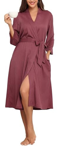 Lovasy Bademantel Damen Waffelpique Lang 3/4 Ärmel Leichter Morgenmantel Kleine Waffelstrick Bademäntel für Damen mit Gürtel und Taschen,Soja-Rosa,L